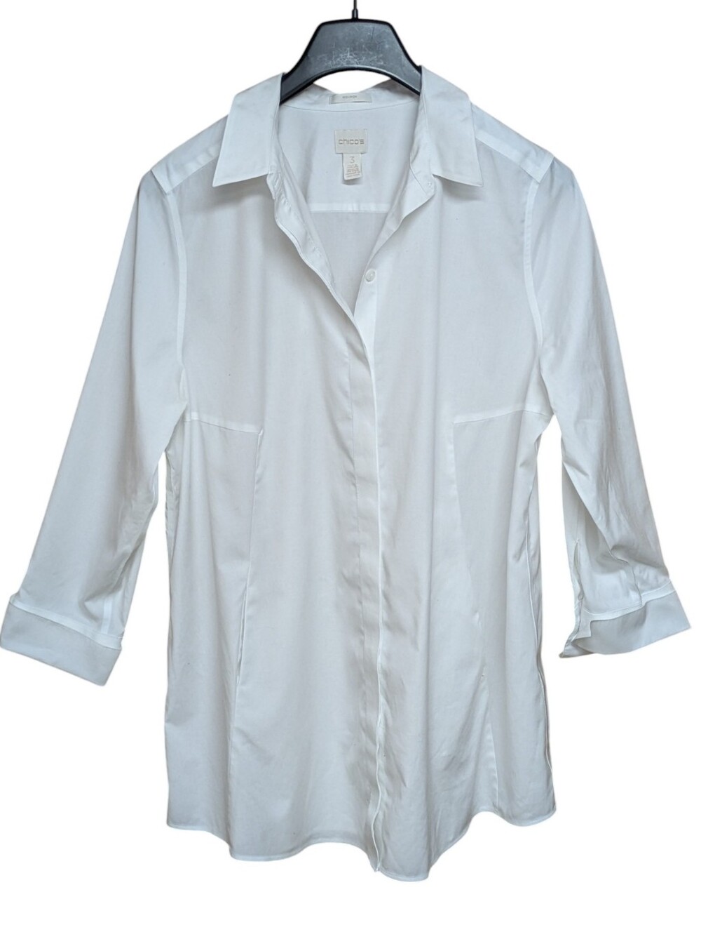 Chicos White Tunic Length Button Front Side Pocket Top Size 3 16/XL